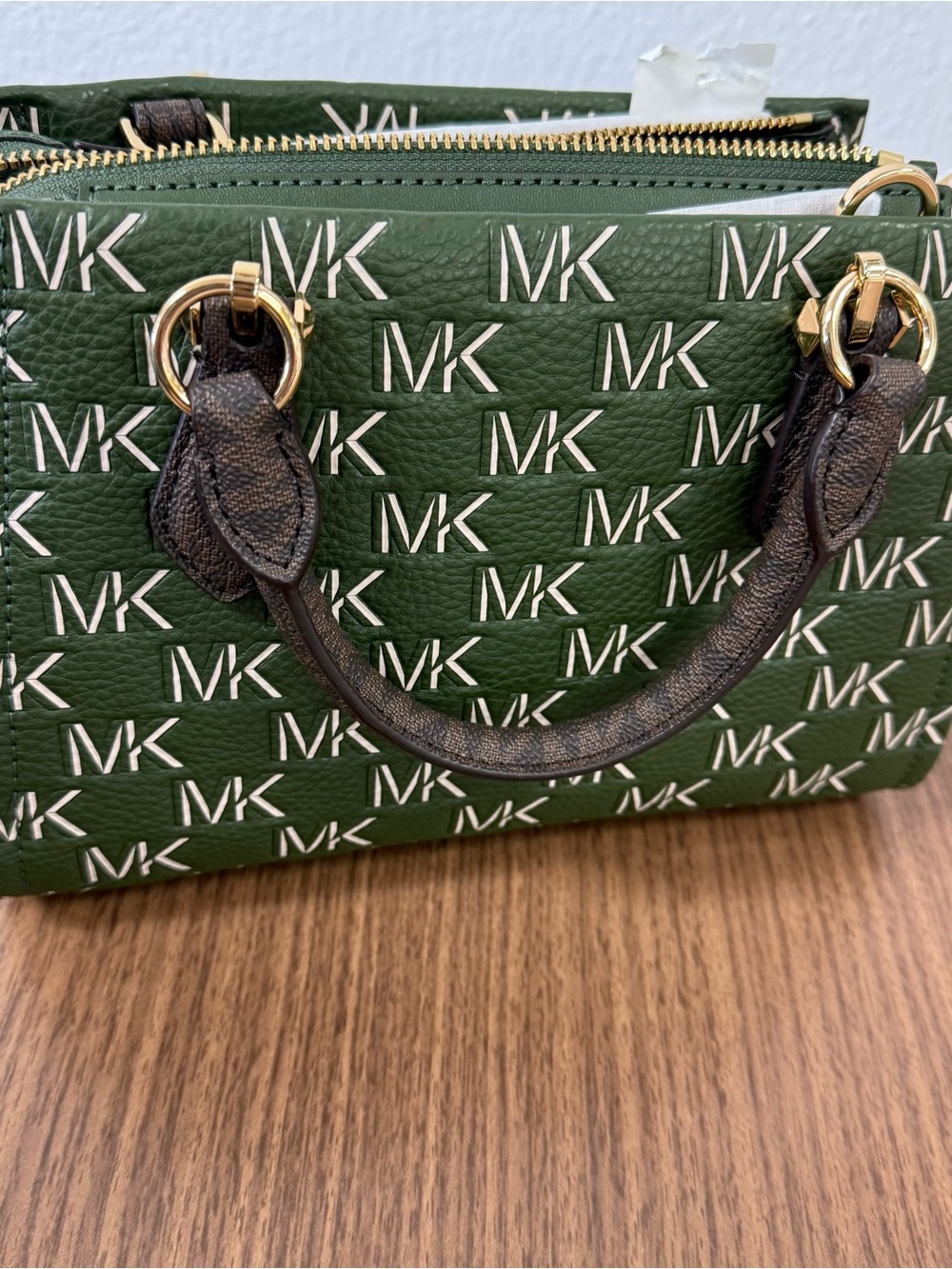 Michael Kors Olive Green MK Logo Satchel with Brown Handles - Picture 2 of 9